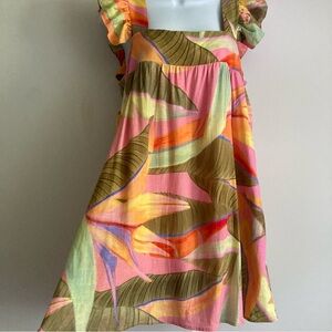 Kourt Multicolored Tropical Bird of Paradise Patterned Babydoll Dress, Sz M